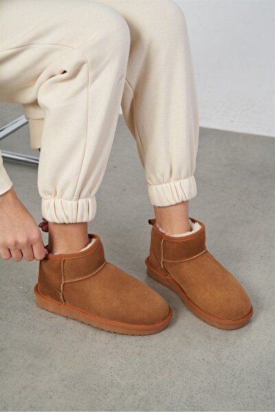 DUXAL Mini Taba Süet Yarım Bot içi Tüylü Düz Taban Kadın Ayakkabı