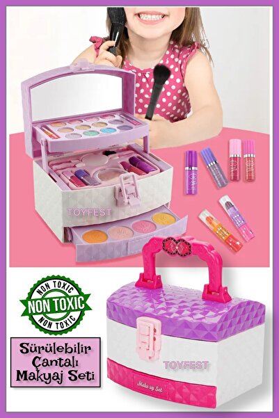TOYFEST Sürülebilir Farlı - Rujlu - Ojeli - 3 Katlı Taşıma Çantalı Makyaj Seti - Kuaför Güzellik Seti