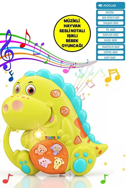 TOYFEST Hayvan Sesleri Çıkaran Tuşlu Işıklı Notalı Ninnili Müzikli Dinazor İnteraktif Bebek Eğitici - Yeşil