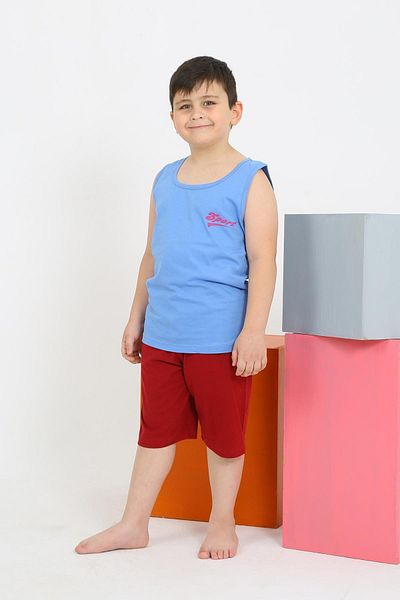 Akbeniz Set pijama pentru băiat albastru din bumbac pieptănat - cu pantaloni scurți, mânecă zero, 20434