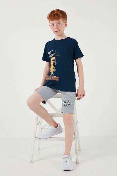 Lela Cotton Regular Fit Crew Neck Shorts Top and Bottom Set Boy's Suit6212009