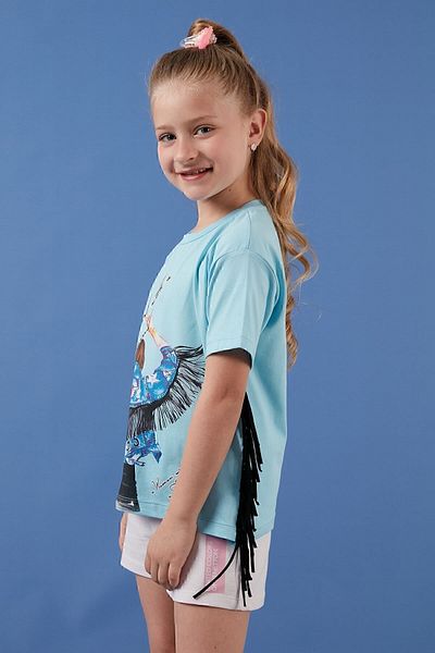 Lela Tricou cu detaliu cu ciucuri imprimat din bumbac cu decolteu rotund Tricou pentru fete 6211020
