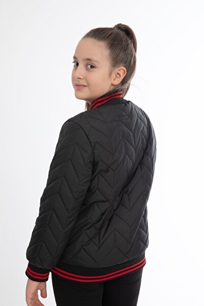 Firststops Kız Çocuk Siyah Kolej Yaka İçi Astarlı Su ve Rüzgar Geçirmez Fermuarlı Cep Mont Ceket