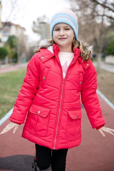 Lela Girl's Coat with Faux Fur Collar and Plush Lining on the Inside. Hooded Coat with Pockets