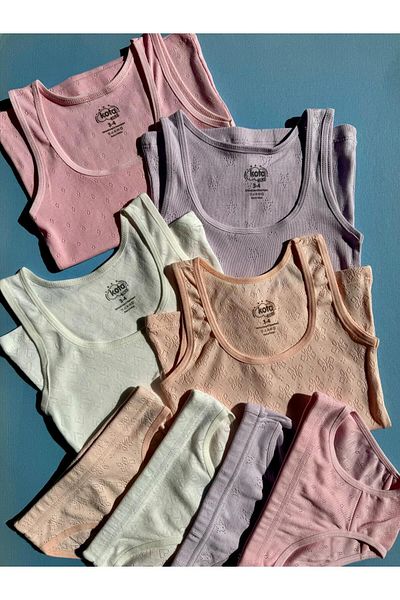 Ahmio Cotton 4-Piece Set for Girl - Perforated Model Undershirt and Triangle Panties Set (8 Pieces)