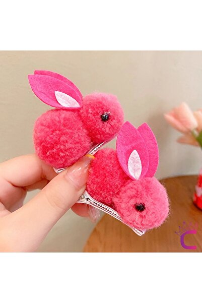 Cinderella 2'li Tavşanlı Bebek Saç Tokası Sıcak Pembe - Astarlı Yumuşak Bebek...
