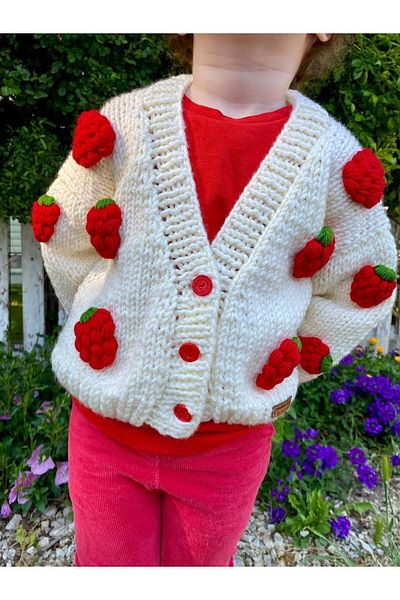 NEVALİN Strawberry Detailed Hand Knitted Girl's Cardigan