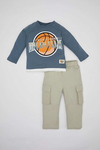 DeFacto Crew Neck Sports Printed T-Shirt and Pants Set of 2 for Baby Boy - C2206A524Sp