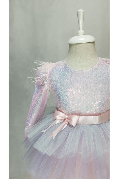 Kidstore Rochie tutu cu maneca lunga in culorile unicorn roz pentru fete
