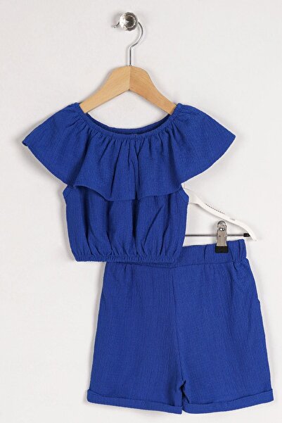 zepkids Boat Neck Shoulder Detailed Ruffle Sleeve Elastic Waist Pocket Detailed Saxe Color Girl's Sorted Set