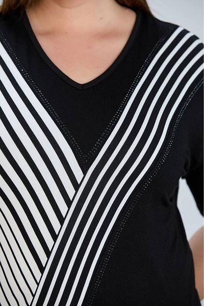 FOR ESRA BIG TREND Flexible Viscose Women's Blouse - Striped, Stone Detailed, V-Neck, Short Sleeve