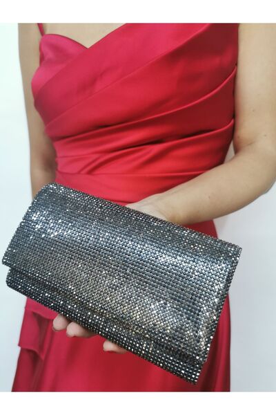 NAZART Women's Stoned Platinum Evening Dress Clutch Chain Strap Hand Wedding Engagement Night Shoulder Bag