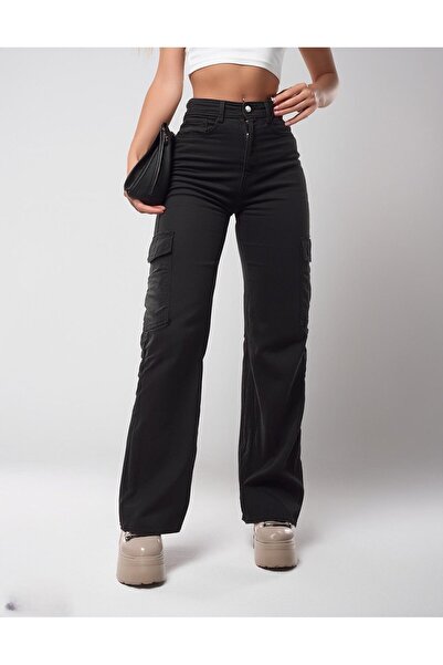 glitzwear بنطلون أسود عالي الخصر بأرجل واسعة - نسائي، جيب كارجو، لا يبهت