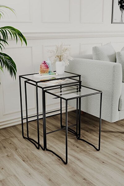 Catchme Retro 3 lü Zigon Sehpa, Metal Sehpa, Cam Sehpa, Salon, Yatak Odası, Antre