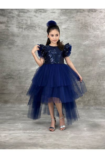 defada rochie de seara copil bleumarin cu coada paiete paiete