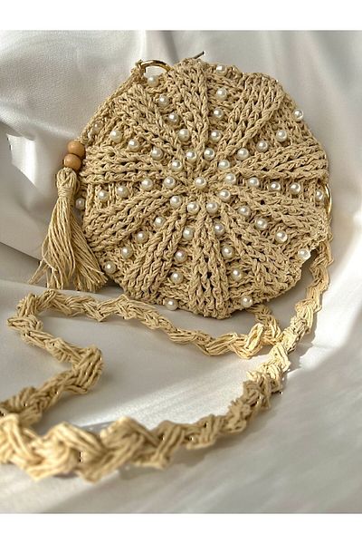 DNA MODA Ecru Macaron Bag - Bohemian Straw Bag with Pearl Detail / Hand Knitted Straw Bag