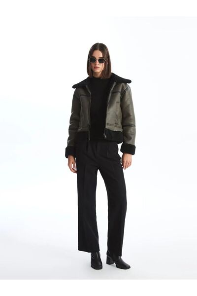 LC Waikiki LCW Vision Haki Gömlek Yaka Düz Süet Görünümlü Kadın Mont