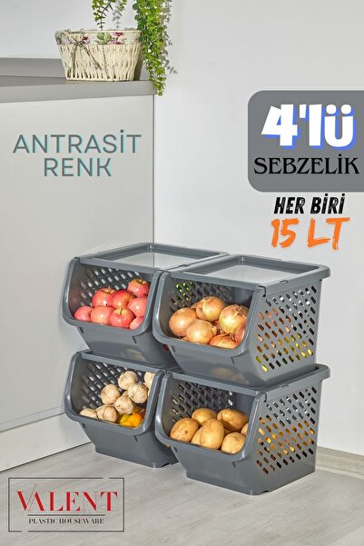 VALENT 4'lü Patates & Soğanlık, Kapaklı Katlı Sebzelik, Oyuncak Sepeti, Banyo Büyük Düzenleyici ANTRASIT
