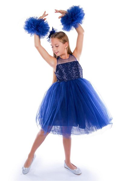Buse&Eylül Bebe Girl's Birthday Navy Blue Pompom Sleeve Party Dress