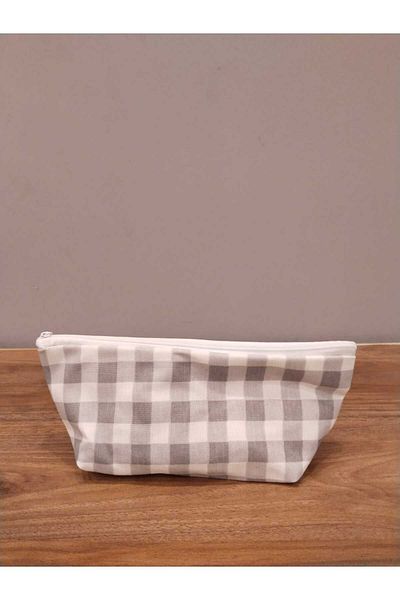 Elbasan Tekstil Γκρι Gingham που πλένεται με φερμουάρ Μονό Μακιγιάζ Θήκη για στυλό