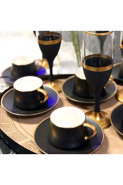 Paşabahçe كوب ماء جانبي للقهوة مطرز باللون الذهبي المزخرف يدويًا يتسع لـ 6 أشخاص، وعاء مهر، مجموعة هدايا