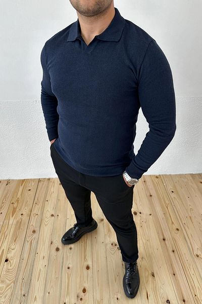 VİP LOKAL Pulover de tricotaj albastru bleumarin slim cu gât polo