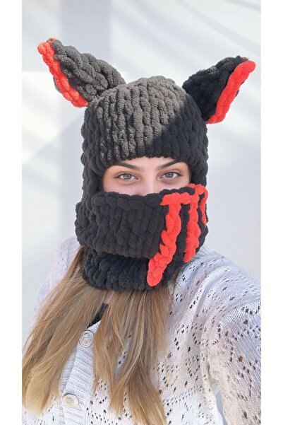 Modaloli Siyah Puffy Balaklava Bere