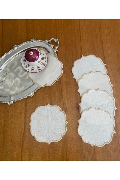 Smiling Home Λινάρι Γάλα Καφέ Κεντημένες 6 Χαρτοπετσέτες Παρουσίασης Κοκτέιλ