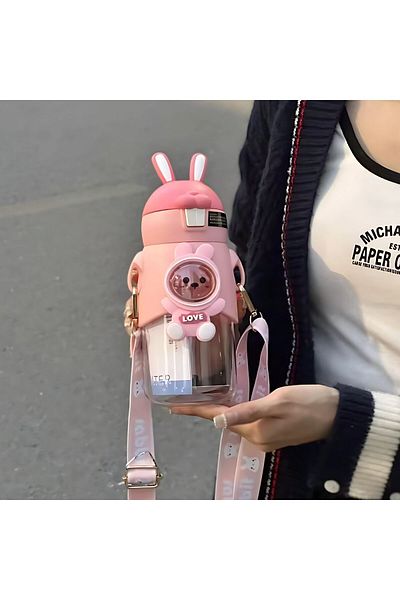 EliraToka Rabbit Ears Animal Figure Cute Cartoon School Water Bottle with Strap