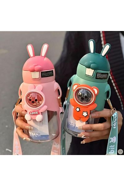 EliraToka Rabbit Ears Animal Figure Cute Cartoon School Water Bottle with Strap