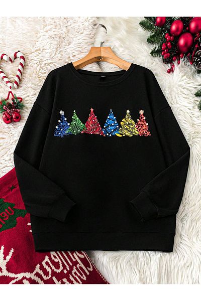 aynewmoda Christmas Trees Printed Black Oversize Sweatshirt