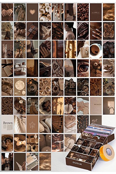 GUGUK Kahverengi Temalı 72 Adet Duvar Poster Seti, Özel Tasarım Kutulu, Oda Dekoru (GGK-K013)