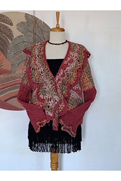 Hippybutik Kiremit Akıllı Yün Ip Tığ Dokuma Yakası Volanlı El Işi Tasarım Dan...