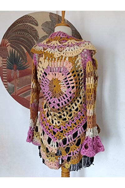 Hippybutik Pembe Tonları Akıllı Yün İp Tığ Dokuma El İşi Tasarım Asimetri Vol...