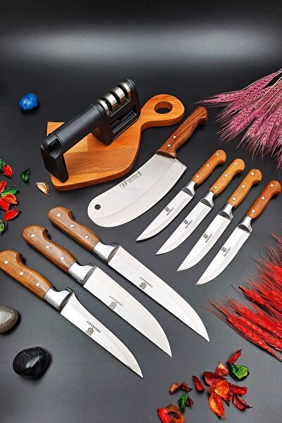 SWENCRAFT Wooden Kitchen Meat Bread Vegetable Knife & Pita Onion Knife & Sharpening Apparatus 9-Piece Dowry Set