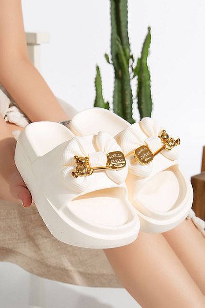 PLN SHOES Women's Cream Bow Luxury Daily Beach Sea Pool Slippers