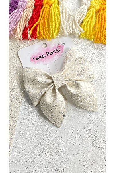 Toka Perisi Fundita pentru fete cu sclipici alb cu cataramă mare cu fundă (Sparkle)