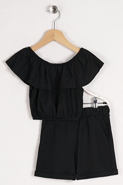 zepkids Boat Neck Shoulder Detailed Ruffle Sleeve Black Color Girl's Suit with Elastic Waist and Pocket Detail