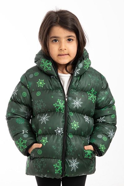 Montup Fata - Palton verde puf, fleece rezistent la apa si vant, cu gluga, buzunare