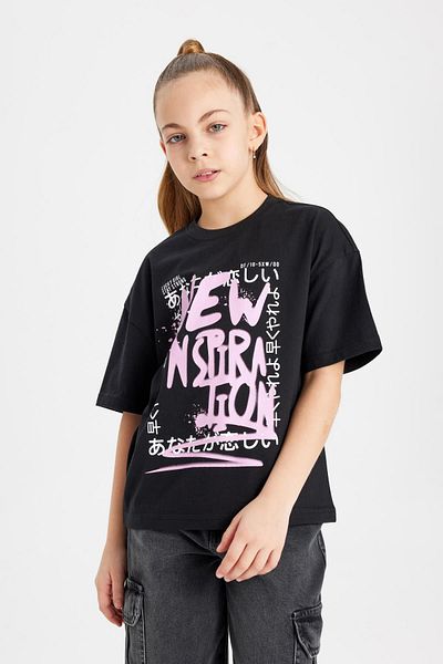 DeFacto Girl's Crew Neck Printed Relax Fit T-Shirt - Short Sleeve B5092A824Sm