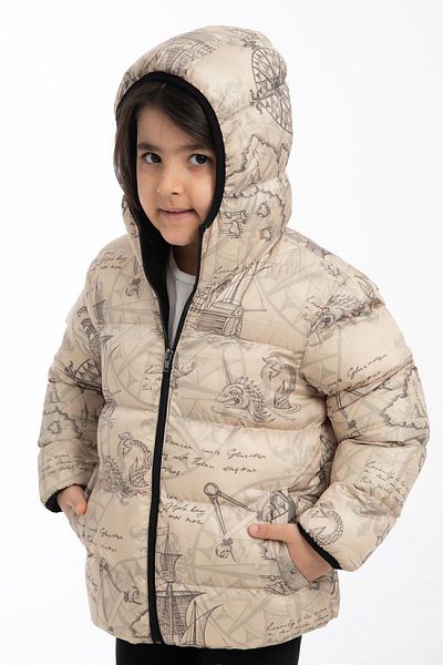 Montup Palton puf bej pentru fete - imprimeu fleece, impermeabil si rezistent la vant, gluga, cu buzunare