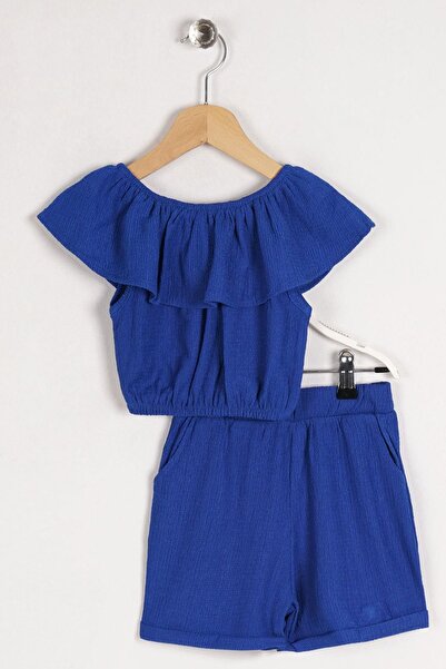 zepkids Boat Neck Shoulder Detailed Ruffle Sleeve Elastic Waist Pocket Detailed Saxe Color Girl's Sorted Set