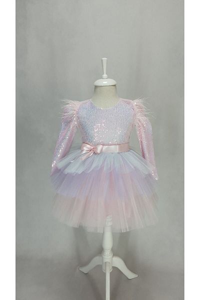 Kidstore Rochie tutu cu maneca lunga in culorile unicorn roz pentru fete
