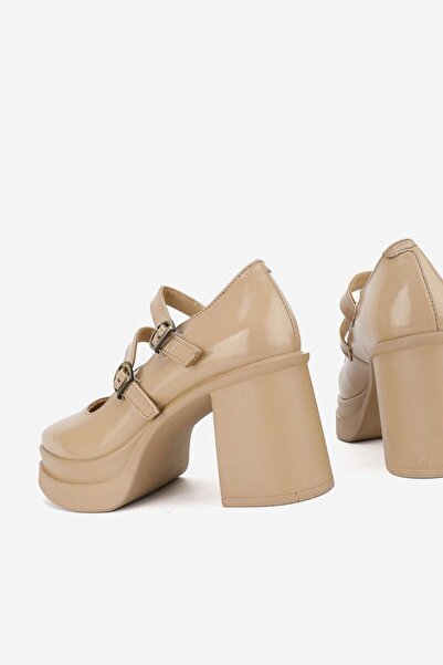 TUNAELLİ Beige Patent Leather Genuine Leather - Double Strap High Heel Platform Shoes