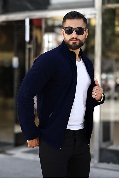 Butik Men's Navy Blue Fleece - 3 Pockets and Full Zipper