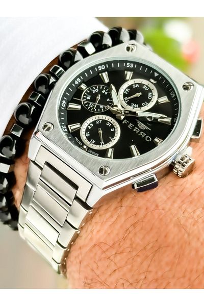 FERRO Brand Silver Color, Steel Strap, Functions Active Men's Wristwatch + Bracelet