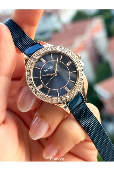 Ferrucci Marka Çelik Kordon Lacivert Renk Kadın Kol Saati+Nazar Boncuklu Bile...