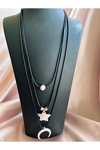 COCOSH TAKI Siyah çoklu gümüş renk ay yıldız charmlı özel tasarım uzun kolye