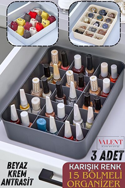 VALENT 3'lü 15 Bölmeli Düzenleyici, Saat, Takı, Toka, Çorap, İç Çamaşırı Organizeri Karışık Renk