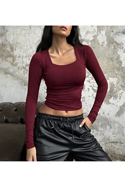 peri tower Kadın Sandy Kare Yaka Uzun Kollu  Slimfit Bluz